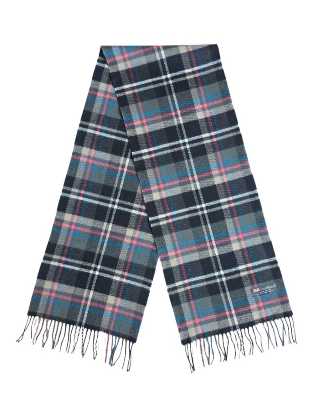 100% Cashmere Scarf Plaid Tartan Check Fringed Made in Scotland Gray Pink Unisex